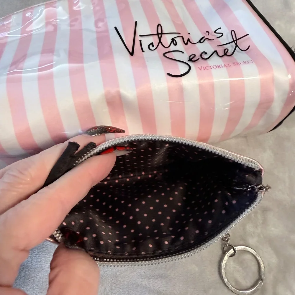 Victoria's Secret Pink White Stripe Cosmetic Makeup Bag Keychain Pouch Set